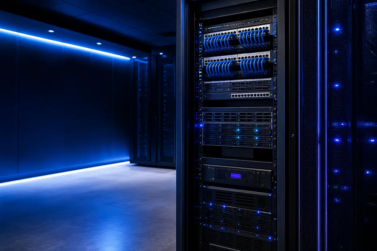 Rack profissional com equipamentos de rede organizados